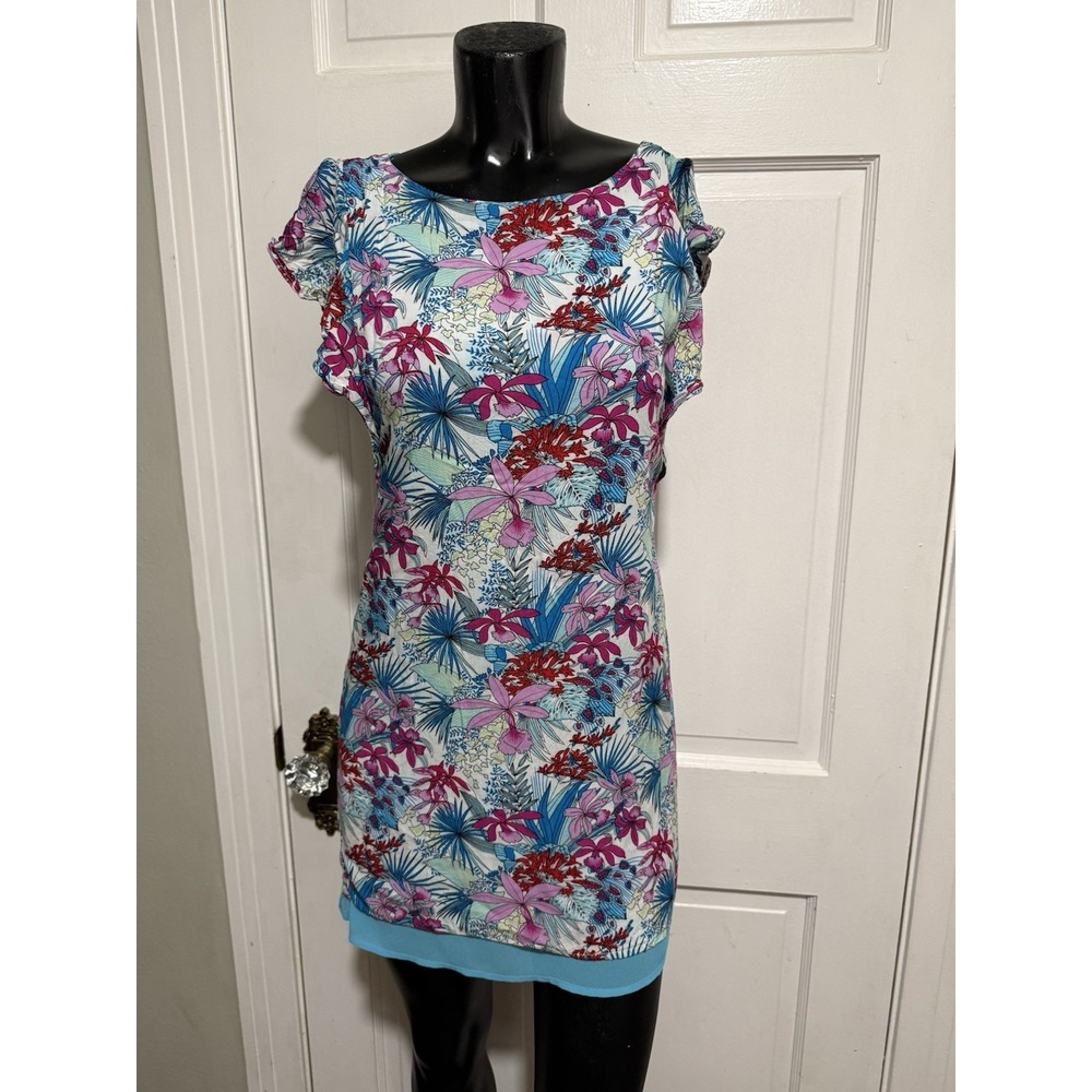 Mabel Womens Floral Blue Purple Small Dress Top Short Sleeve